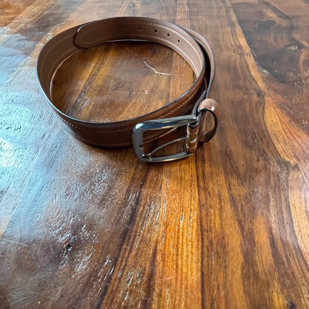 Bosca Mens Brown Leather Belt Size 38 Double Stitched Gunmetal Buckle BO3746